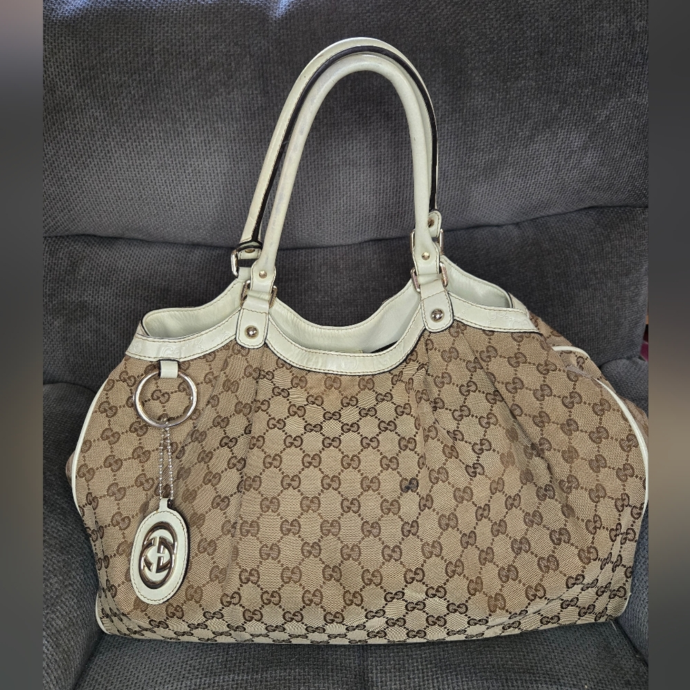 Gucci GG Monogram Sukey Large Tote Bag (White/Brown)